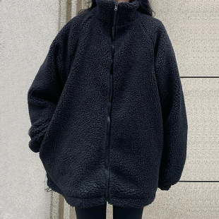 2025秋冬新款 纯黑色加绒加厚外套女宽松立领休闲情侣羊羔毛外套男