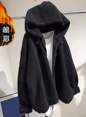 宽松抽绳绒面仿羊羔毛外套女秋冬