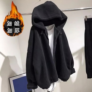 宽松黑色下摆抽绳绒面仿羊羔毛带帽拉链开衫外套女2026秋冬新款潮
