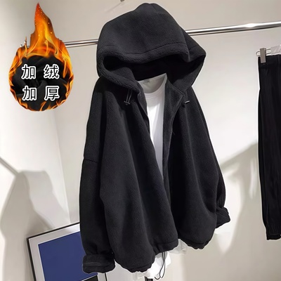 宽松抽绳绒面仿羊羔毛外套女秋冬