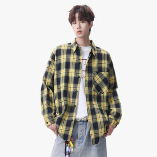 港风复古格子衬衫男长袖宽松磨毛衬衣港式风格大码外套shirt