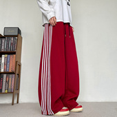 Track 美式 pants 休闲长裤 红色裤 运动风条纹卫裤 男宽松直筒阔腿裤