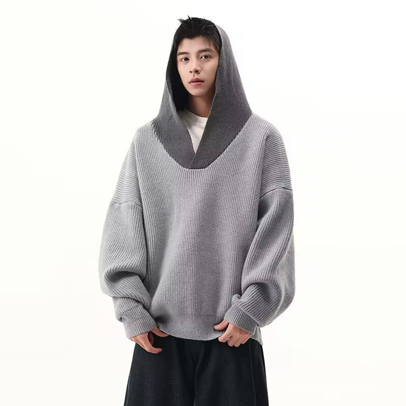 设计感撞色连帽毛衣男冬季加厚韩版潮流宽松慵懒风情侣针织衫