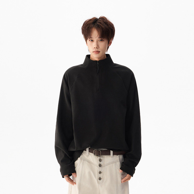 2025年冬季新款德绒半拉链卫衣高级感保暖宽松休闲T恤打底衫男
