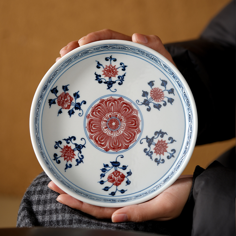 宣德青花釉里红宝相纹盘高端壶承