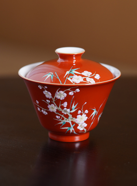 小谦山房绛红剔花粉彩梅竹双清盖碗景德镇陶瓷高颜值中式茶具家用