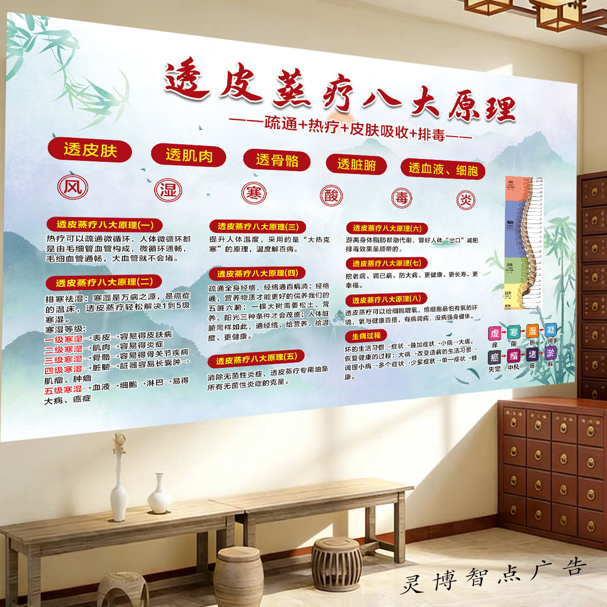 中医养生馆美容院透皮蒸疗八大原理背胶热疗汗蒸护理排寒海报贴画