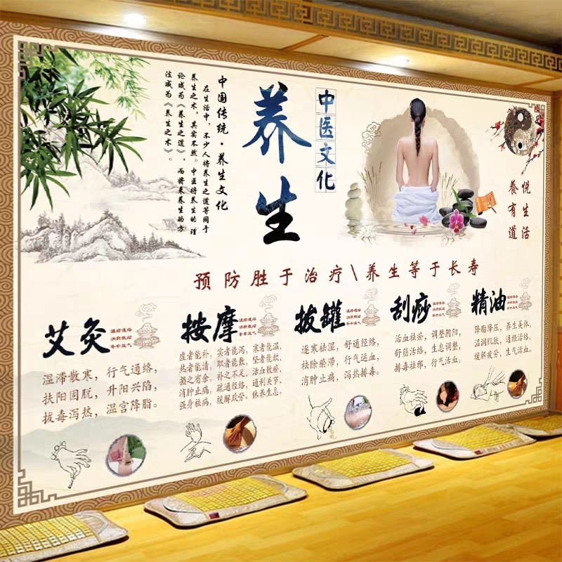 中医养生背景墙纸理疗馆按摩推拿壁纸美容院艾灸墙布养生之道壁画