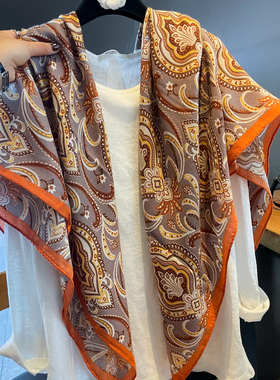 佩斯利花纹大方巾女春夏含丝毛暗纹手工卷边防晒护颈披肩两用围巾
