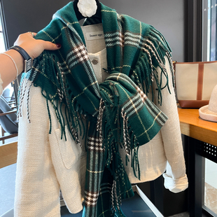 2025新款时尚仿羊绒英伦格披肩金靖同款绿色流苏格子围巾BB家经典