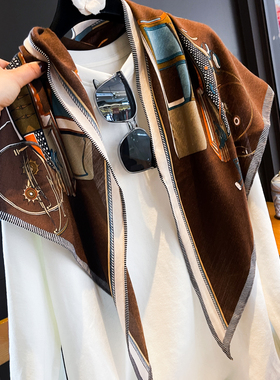 美拉德棕咖复古腰封三角巾女百搭马车印花丝绒棉春夏围巾披肩丝巾