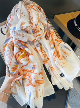 名族文艺风显白气质披肩棉麻围巾女长款丝巾百搭旅游防晒轻薄纱巾