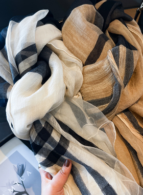 高级感棉麻丝巾时尚BB风格子拼接纱巾围巾女春夏防晒薄款柔滑披肩