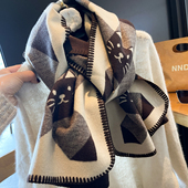 含20绵羊毛高级咖双面猫咪格纹仿羊绒围巾女秋冬保暖披肩两用围脖