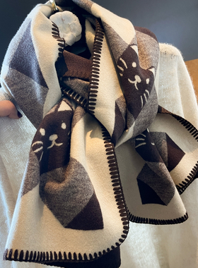 含20绵羊毛高级咖双面猫咪格纹仿羊绒围巾女秋冬保暖披肩两用围脖
