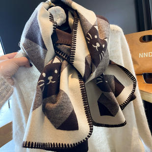 含20绵羊毛高级咖双面猫咪格纹仿羊绒围巾女秋冬保暖披肩两用围脖