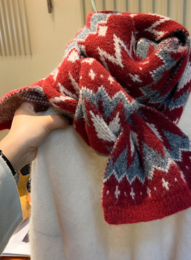 费尔岛针织毛线围巾女秋冬加厚含羊毛保暖红色菱格新年氛围感围脖