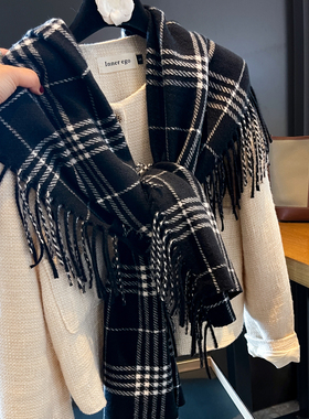 BB家英伦风黑白格子围巾女冬季25新款气质装饰保暖百搭披肩围脖潮