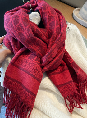 显白气质红色双面字母披肩高品包芯纱围巾女冬季百搭加厚保暖围脖