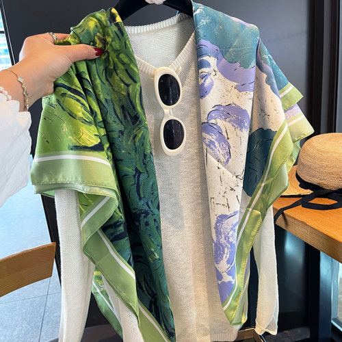 绿色油画丝巾女夏季薄款方巾披肩