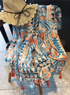 百变围巾女配裙夏季棉麻纱巾几何三角沙滩巾遮阳围脖防晒女披肩