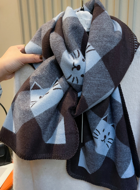 高级咖蓝双面猫咪格纹绵羊毛围巾女秋冬保暖加厚格子披肩学生围脖