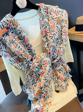 法式温柔碎花春夏季棉麻手感围巾披肩两用女薄款防晒沙滩巾长丝巾