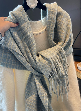 软糯显白淡蓝细格子仿羊绒围巾女韩国秋冬加厚长披肩保暖学生围脖