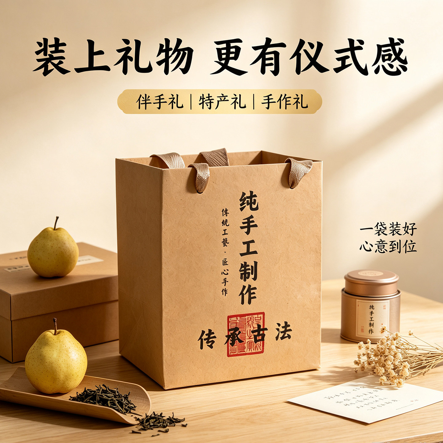 单瓶牛皮纸手提袋 单个四方盒手拎袋 秋梨膏 陈皮柠檬膏 手作袋子