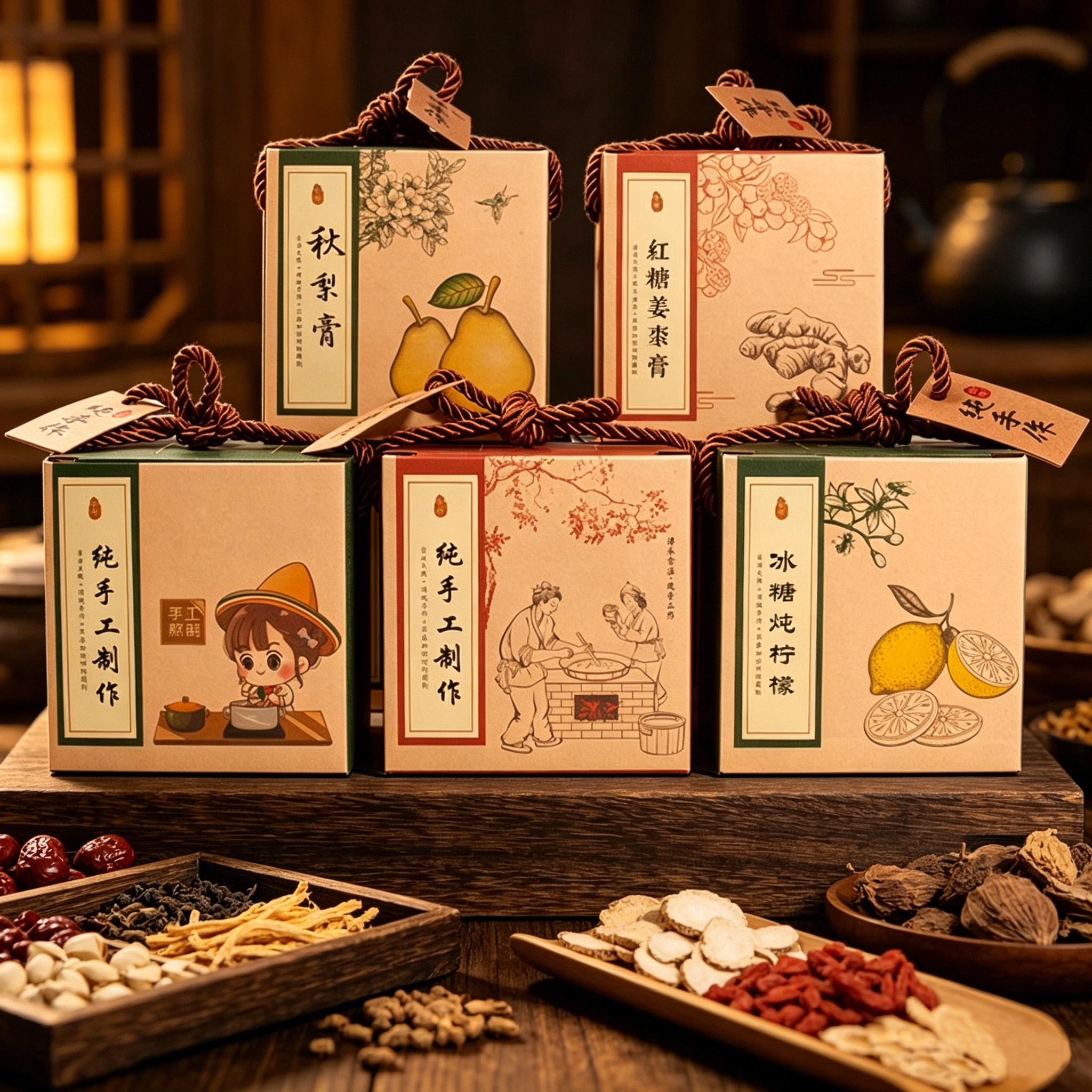 姜枣川贝枇杷陈皮冰糖柠檬桑葚秋梨膏玻璃瓶包装盒礼品盒子手提袋