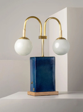 意大利FENDI casa意式轻奢太空靛蓝色几何双头台灯玻璃客厅高级感