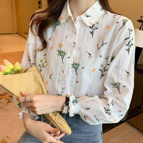 田园风刺绣白衬衫女春装新款蕾丝花边翻领气质淑女纯棉刺绣衬衣