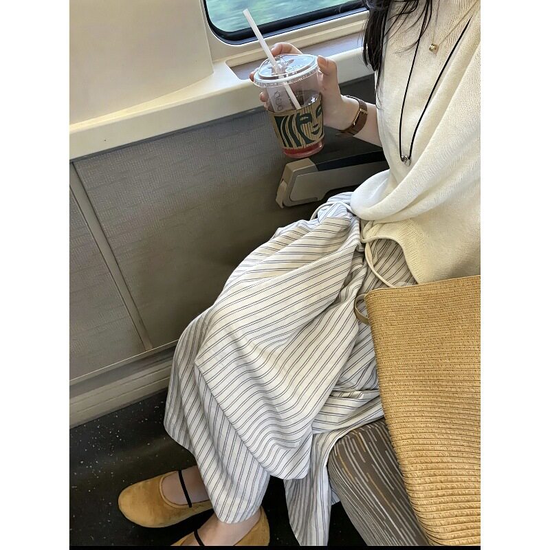 松紧腰半身裙韩系慵懒风棉质竖条纹抽绳春夏米灰蓝条纹