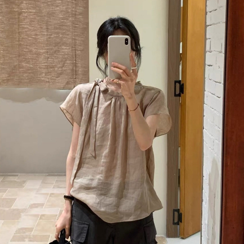 蝴蝶结系带短袖衬衫女夏新设计感苎麻宽松百搭显瘦气质上衣