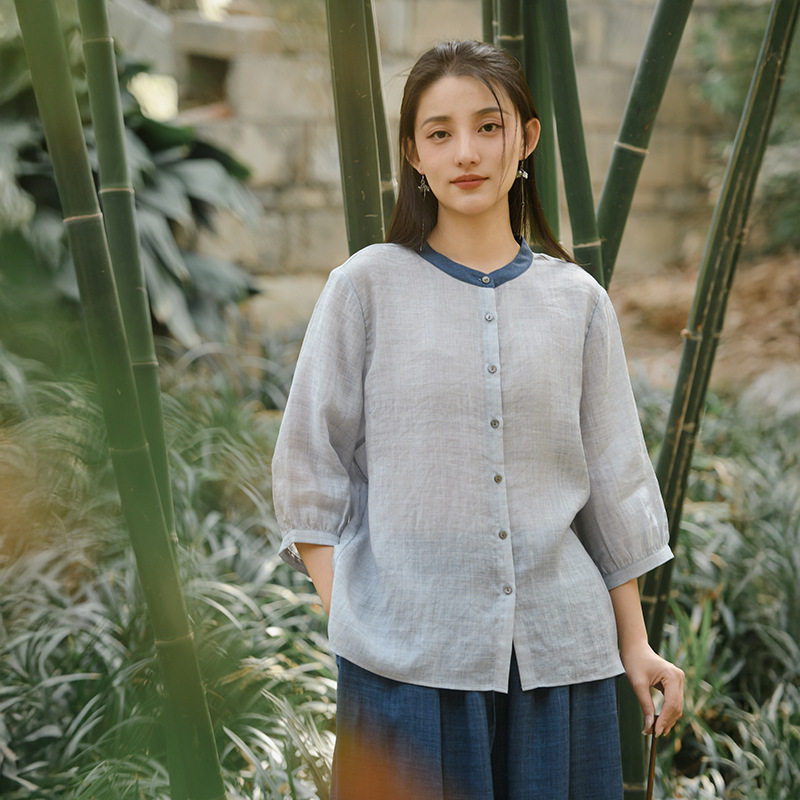 鹿与安笛女装2026新款七分袖衬衫女夏薄款天丝苎麻新中式衬衣批发