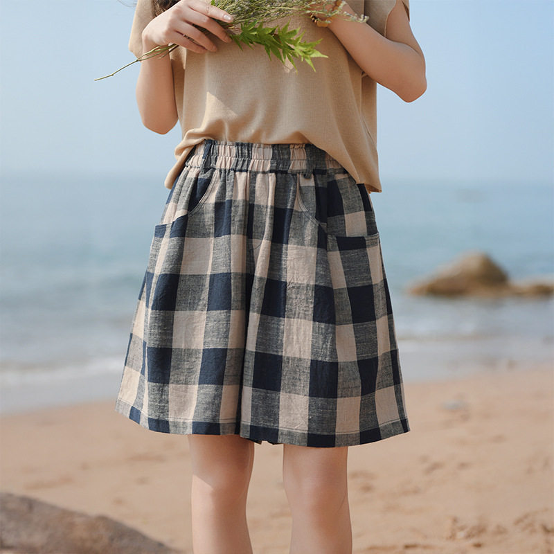 棉麻女装夏季新款色织格亚麻短裤女外穿a字高腰休闲短裤一件代发