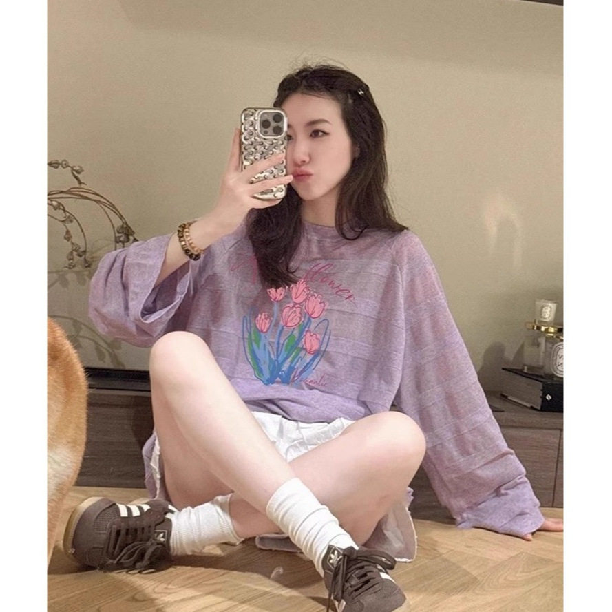 紫色印花圆领长袖休闲T恤女春夏韩系慵懒风外搭绝美减龄薄款上衣