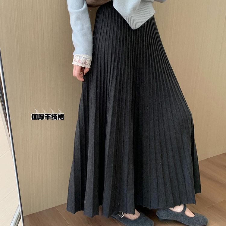 高腰显瘦羊绒加厚百褶半身裙2025冬季新款韩版百搭休闲淑女风伞裙
