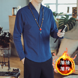 7030-P55秋冬8风汉服加绒加厚长袖T恤亚交叉领唐装男，男装衬衫，钱塘715