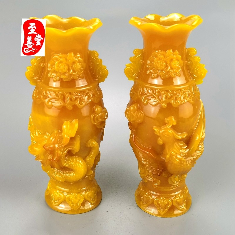 仿玉石原石仿古寿山石雕田黄石龙凤花瓶一对客厅装饰摆件