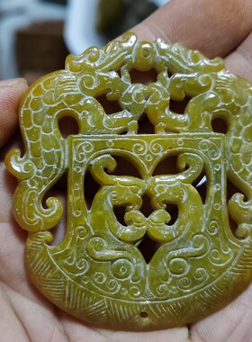 玉石原石仿古玉岫玉雕W双面刻花