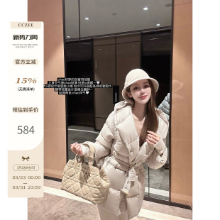 系带收腰羽绒服外套女 空气感保暖连帽中长款 CCZEE 雪花初融