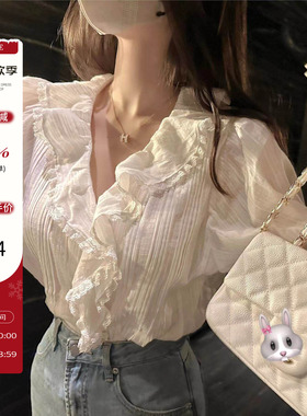 CCZEE 夏日冰美式 泡泡袖小衫上衣女夏气质温柔荷叶边V领白色衬衫