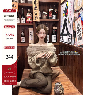 上衣 狐狸毛毛衣女秋冬毛领宽松一字肩针织衫 CCZEE 利兹娇女