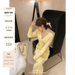 修身 优雅气质连衣裙女新款 交叠针织收腰打底长裙 法式 CCZEE