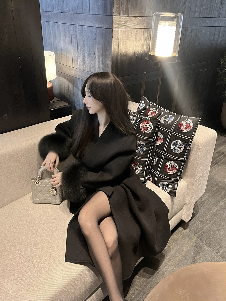 CCZEE 冬日来信 狐狸毛袖口羊毛大衣女秋冬宽松中长款毛呢外套韩