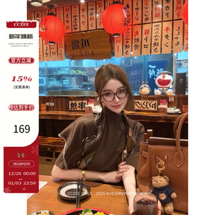 显瘦中袖 CCZEE 女秋修身 老钱风丝巾半高领针织衫 上衣 秋枫格韵