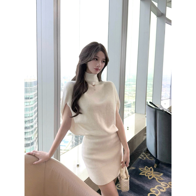 CCZEE 岛山冬日 韩女银丝蝙蝠袖御姐范高领包臀连衣裙女洋气时尚