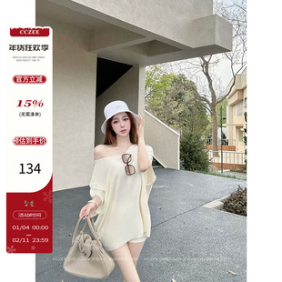 CCZEE 汉南洞千金 斜肩蝙蝠袖针织T恤女夏季百搭慵懒宽松显瘦上衣