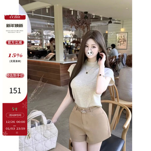 显瘦纯色百搭a字休闲裤 cczee 女高腰修身 老钱风腰带短裤 腿精担当